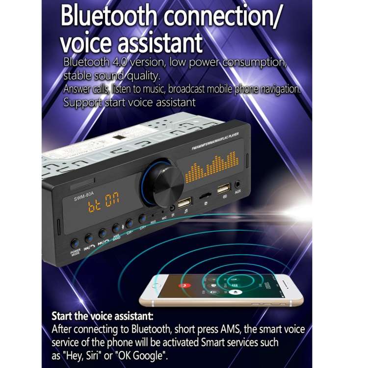 SWM-80B DC12V Car MP3 Support FM / AM & Bluetooth & Mobile Phone Voice Assistant