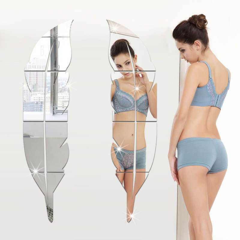 Honana Removable 3D Feather Wall Stickers  Dressing Mirror Bathroom Decoration Self-adhesive Mirror