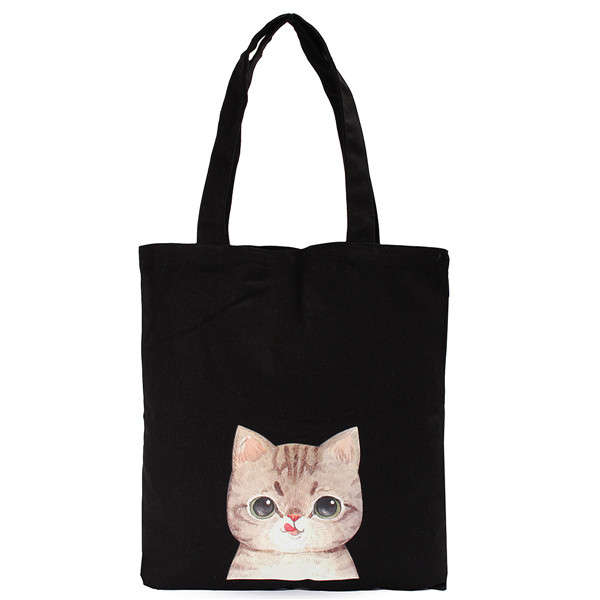 Women Cat Black Canvas Handbags Totes Large Capcity Shoulder Bags Shopping Bags (COLOR: 05)