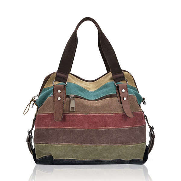 Women Casual Stripe Canvas Handbags Micro-Fibric Leather Shoulder Bags Contrast Color Crossbody Bags