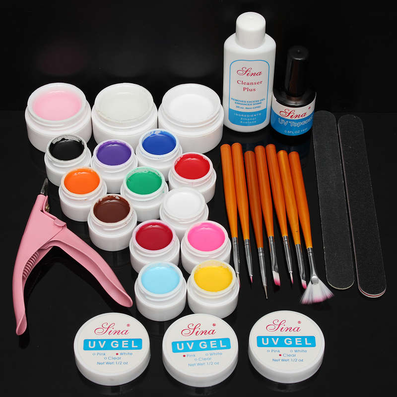 DANCINGNAIL 12 Pure Color UV Gel Acrylic Builder Nail Brush File Kit Top Coat Plier Set