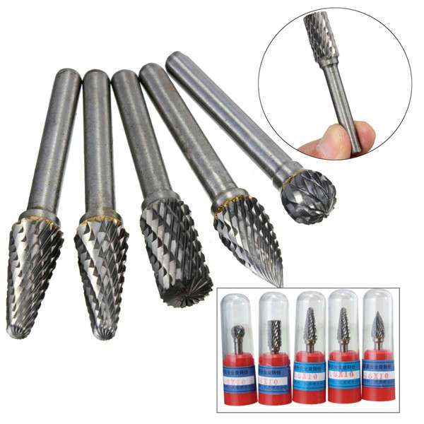 Drillpro RB29 5pcs 1/4 Inch Shank 10mm Tungsten Carbide Burr Rotary Cutter file Set Engraving Tool