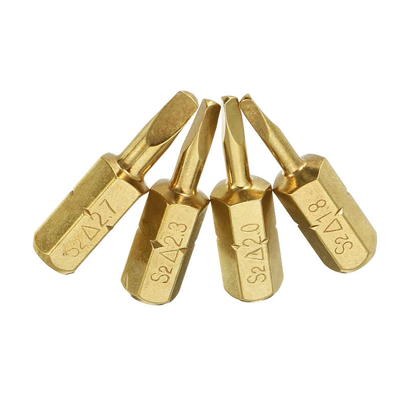 Broppe 4pcs 25mm 1.8-2.7mm Triangle Shaped Screwdriver Bits 1/4 Inch Hex Shank Electroplating Bronze
