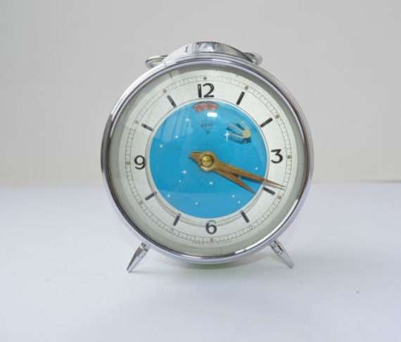 Vintage Chinese alarm clock Shanghai China, desktop mechanical clock, special space program dial