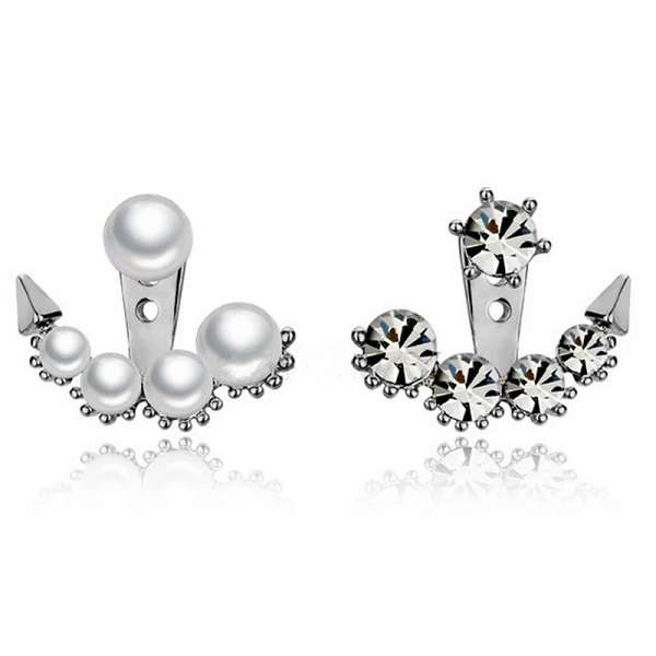 Korean Asymmetric Pearl Crystal Rhinestone Ear Stud Earrings For Women (COLOR: SILVER)