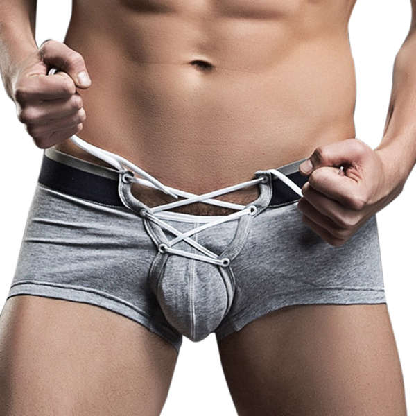 SUPERBODY Sexy Laced Up Underwear Cotton Breathable Low Waist Stitching Color U Convex Men Boxers