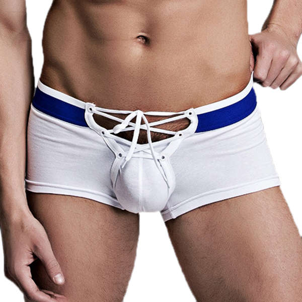 SUPERBODY Sexy Laced Up Underwear Cotton Breathable Low Waist Stitching Color U Convex Men Boxers