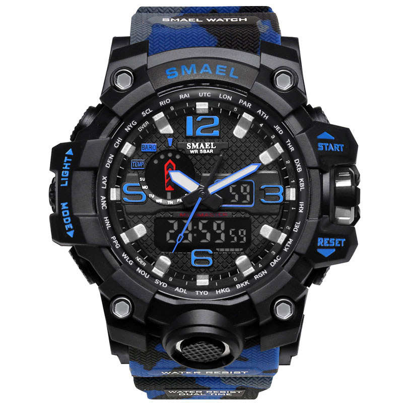 SMAEL 1545 Waterproof Camouflage Military PU Digital Watch LED Digital Dual Display Electronic Watch