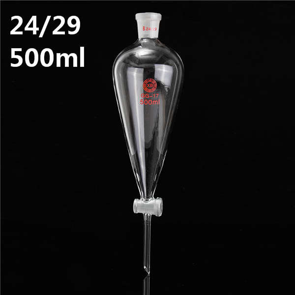 500ml 24/29 Glass Pyriform Separatory Funnel PTFE Stopcock Glass Stopper Tube