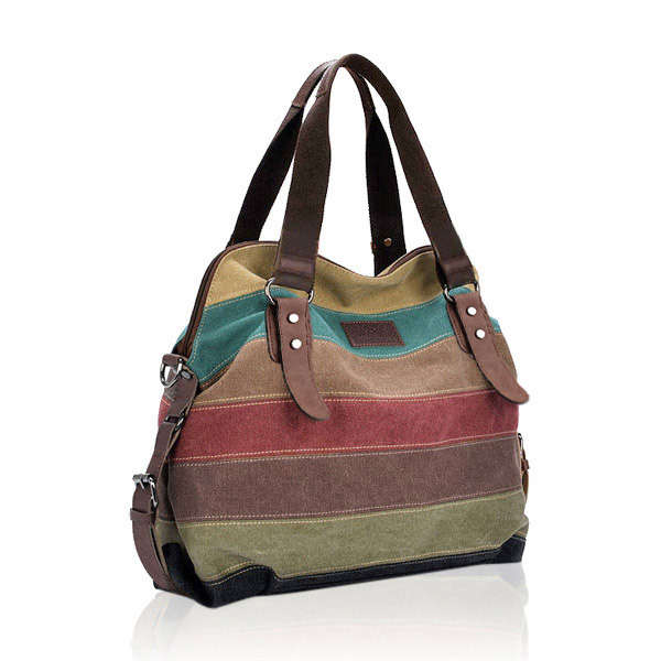 Women Casual Stripe Canvas Handbags Micro-Fibric Leather Shoulder Bags Contrast Color Crossbody Bags