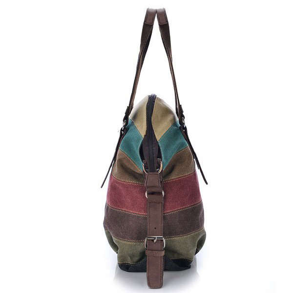 Women Casual Stripe Canvas Handbags Micro-Fibric Leather Shoulder Bags Contrast Color Crossbody Bags