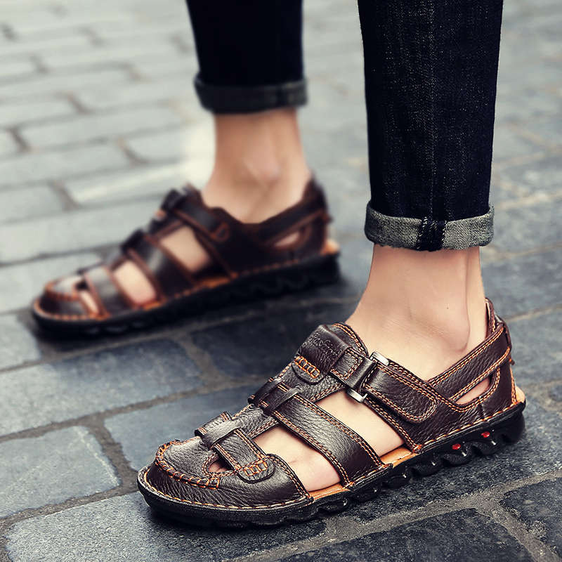 Men Breathable Hook Loop Genuine Leather Sandales