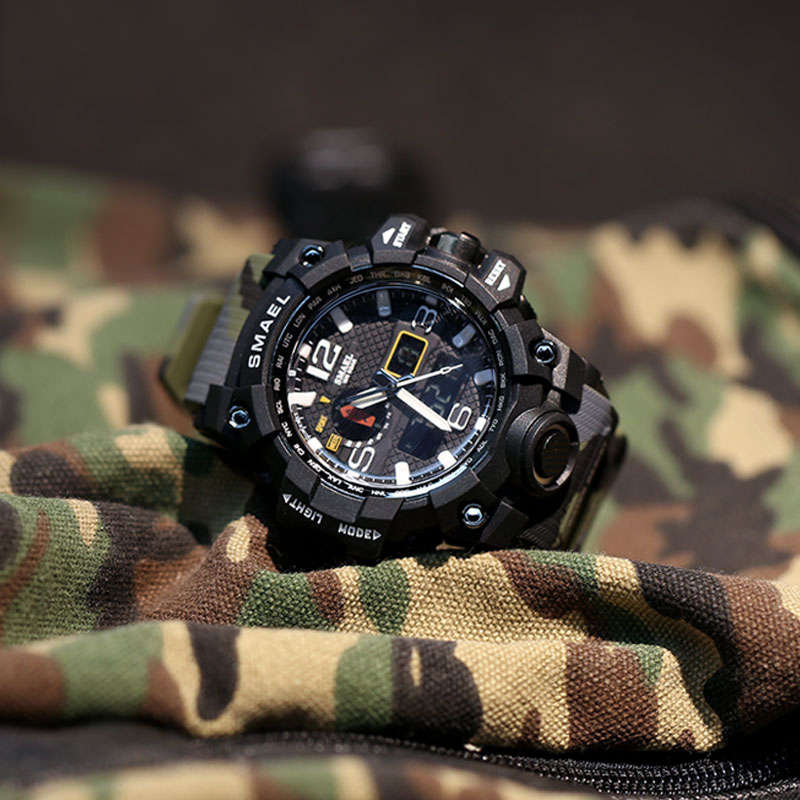 SMAEL 1545 Waterproof Camouflage Military PU Digital Watch LED Digital Dual Display Electronic Watch
