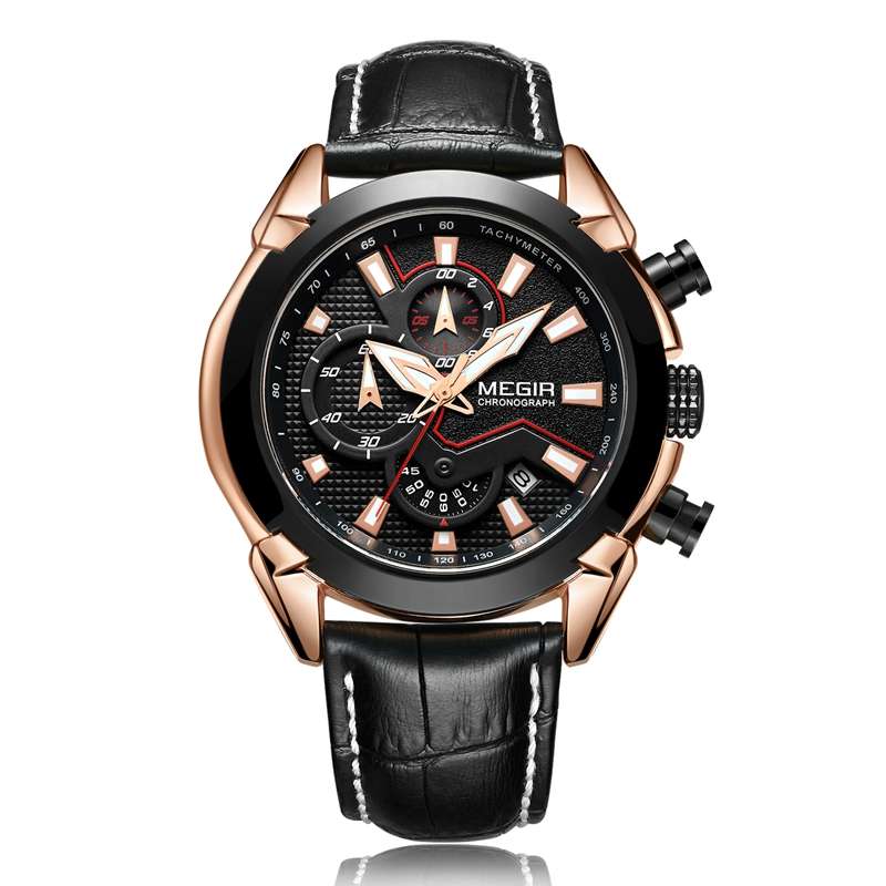 MEGIR 2065 Sport Watches Creative Chronograph Quartz Leather Strap Men Watch (COLOR: ROSEGOLD)