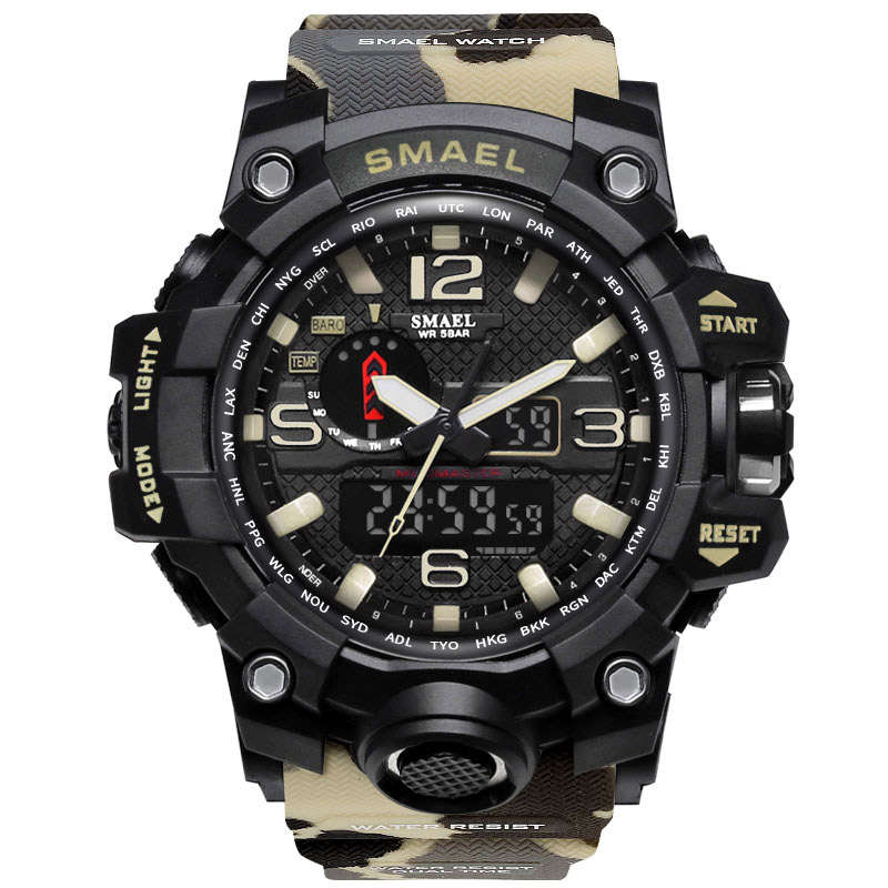 SMAEL 1545 Waterproof Camouflage Military PU Digital Watch LED Digital Dual Display Electronic Watch