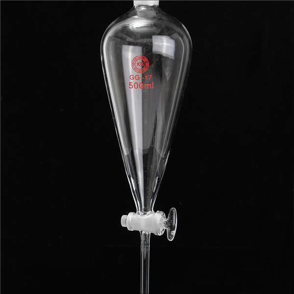 500ml 24/29 Glass Pyriform Separatory Funnel PTFE Stopcock Glass Stopper Tube