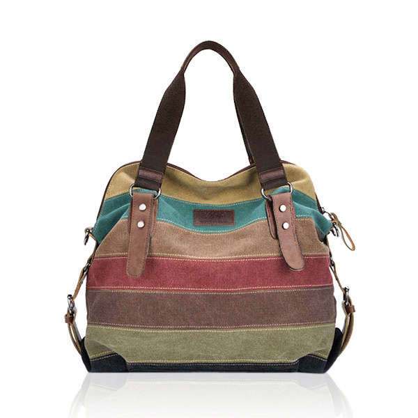 Women Casual Stripe Canvas Handbags Micro-Fibric Leather Shoulder Bags Contrast Color Crossbody Bags