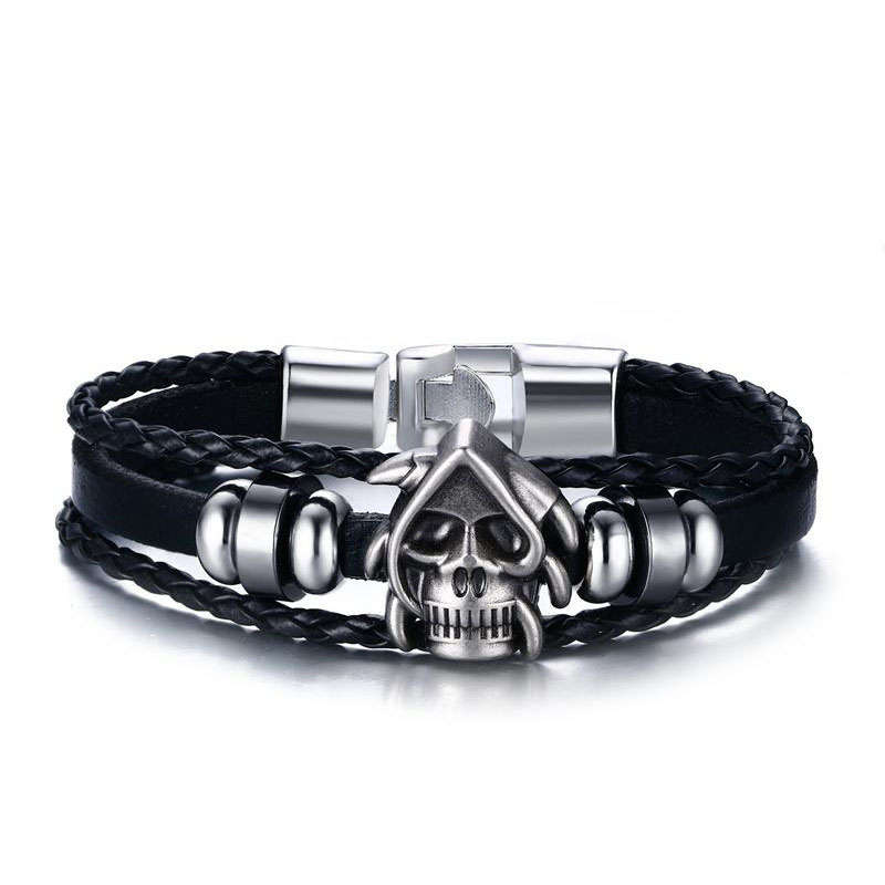Trendy Leather Punk Skull Head Chain Vintage Men Bracelet Jewelry for Men