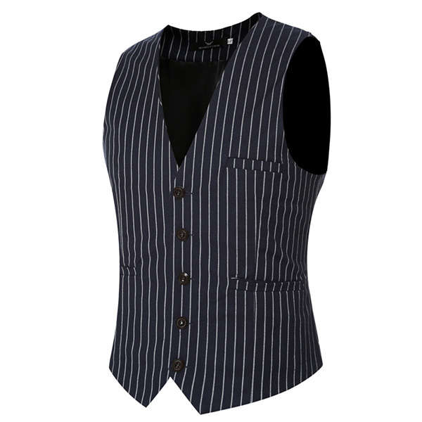 Mens Casual Vertical Stripes Business Slim Short Waistcoats V-neck Dress Suit Vest