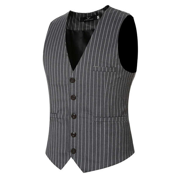 Mens Casual Vertical Stripes Business Slim Short Waistcoats V-neck Dress Suit Vest
