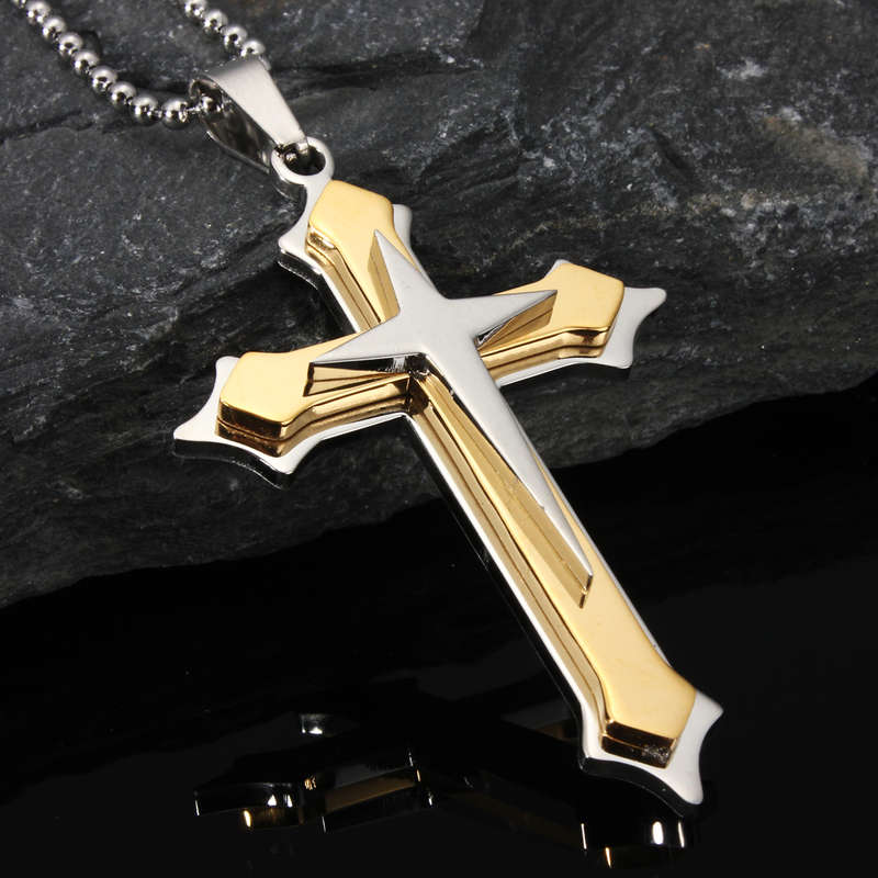 Starlike Cross Three Layers Pendant Stainless Steel Chain Necklace