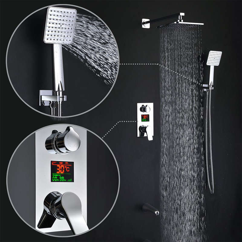 KCASA KC-S100 LED Digital Display Wall Mount Bathroom Rain Mixer Shower Set Three Ways Shower System