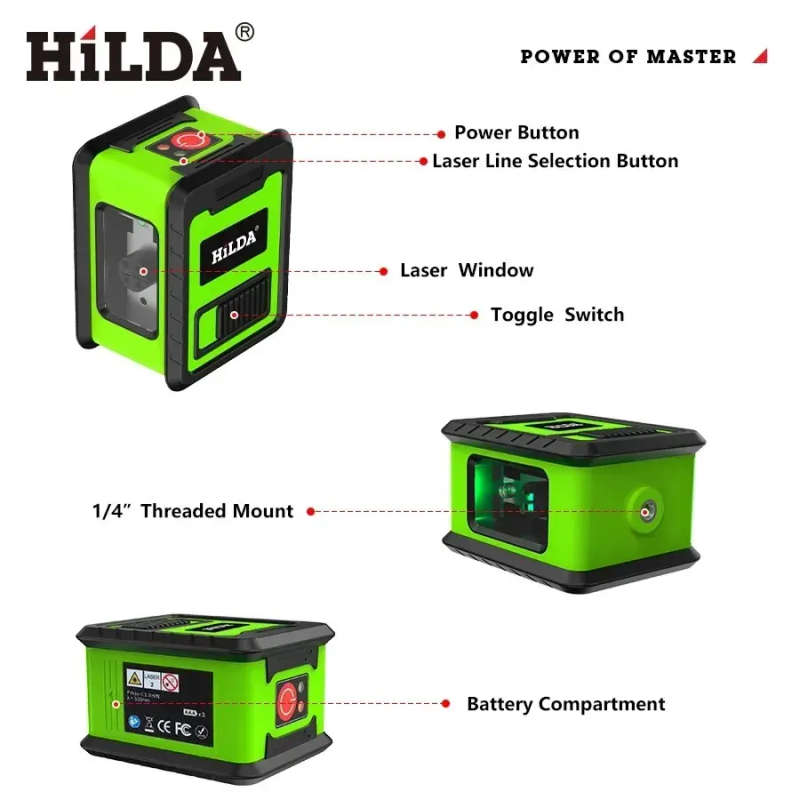 HILDA Compact Green Laser Level - 2-Line High Precision Self-Leveling Tool with Infrared Beam