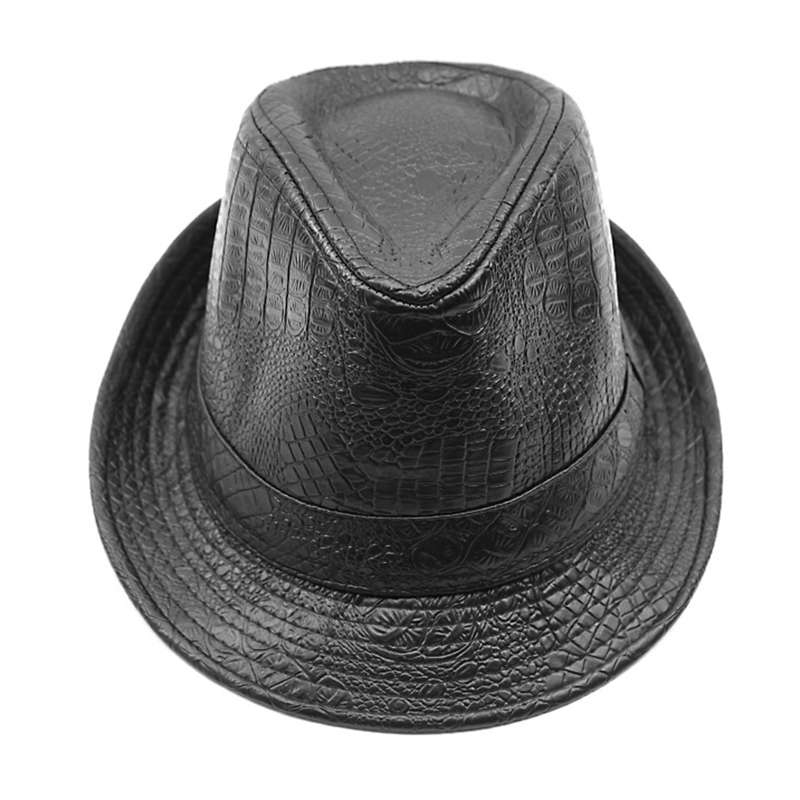 Mens PU Leather Crocodile Pattern Jazz Hat Outdoor Middle-aged Wide Brimmed Fedora Hat (Color Black)
