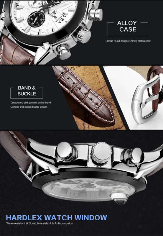 MEGIR M2015 Men Watch Leather Strap Multifunction Chronograph Fashion Casual Quartz Wrist Watch