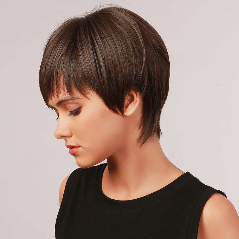 9 Inch Dark Brown Short Straight Hair Breathable Bangs High Temperature Fiber Wig