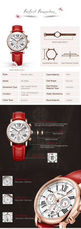 MEGIR 2058 Women Watch Luxury Roman Number Leather Strap Ladies Quartz Watch
