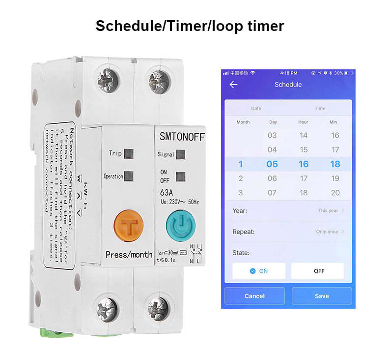 2P 63A eWelink Single Phase Din Rail WIFI Smart Switch Energy Meter Leakage Protection Remote Read KWh Meter Wattmeter Works with Alexa Google