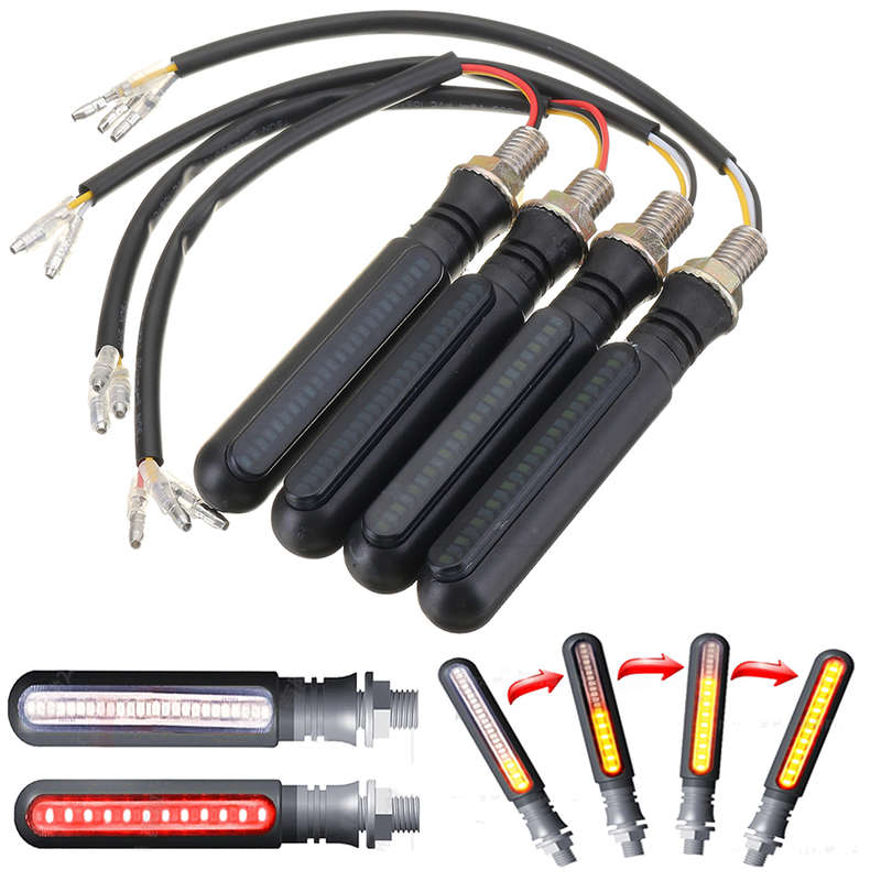 4Pcs Motorcycle Sequential Flowing LED Amber Turn Signal Indicator+White DRL+Red