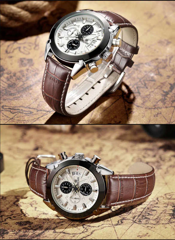 MEGIR M2015 Men Watch Leather Strap Multifunction Chronograph Fashion Casual Quartz Wrist Watch