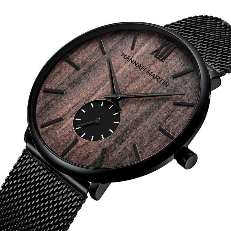 Ultra Thin Men Business Watch Ebony Wood Grain Bamboo Wood Dial Waterproof Stainless Steel Mesh Band