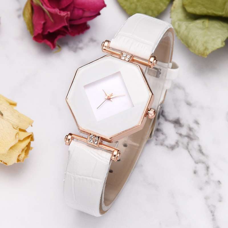 Fahion Diamond Mirror Watch Ladies Dress Ultra-thin Leather Women Quartz Watch (Color White)