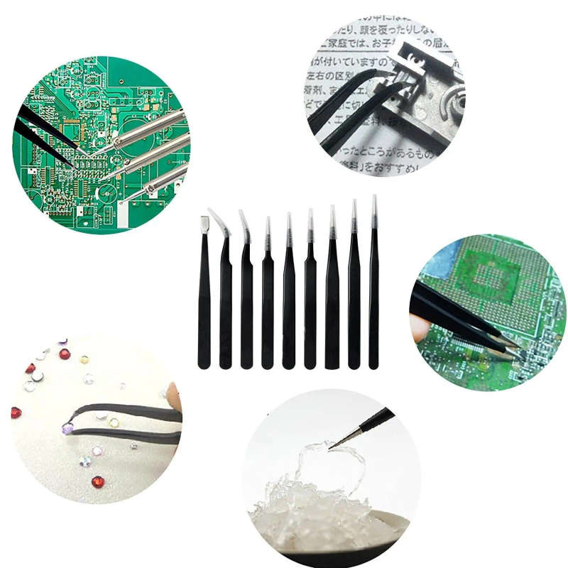 DANIU 9pcs ESD Stainless Steel Anti-static Tweezers with Storage Bag Teardown Electronic Maintenance Tool