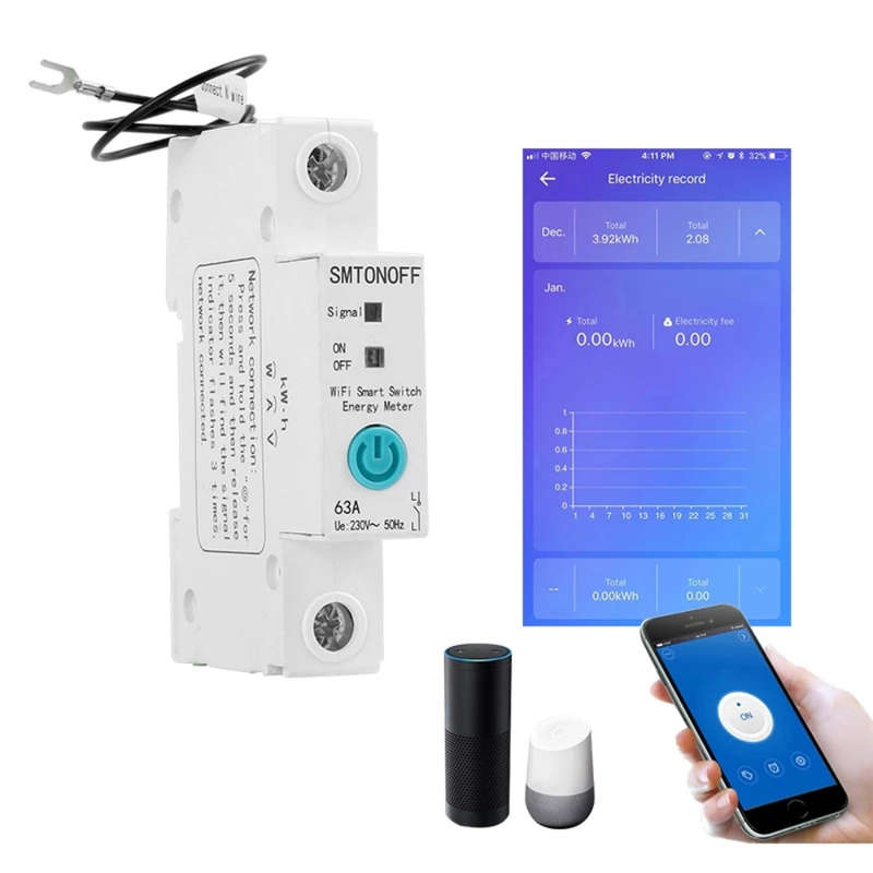 1P 63A eWelink Single Phase Din Rail WIFI Smart Switch Energy Meter Leakage
