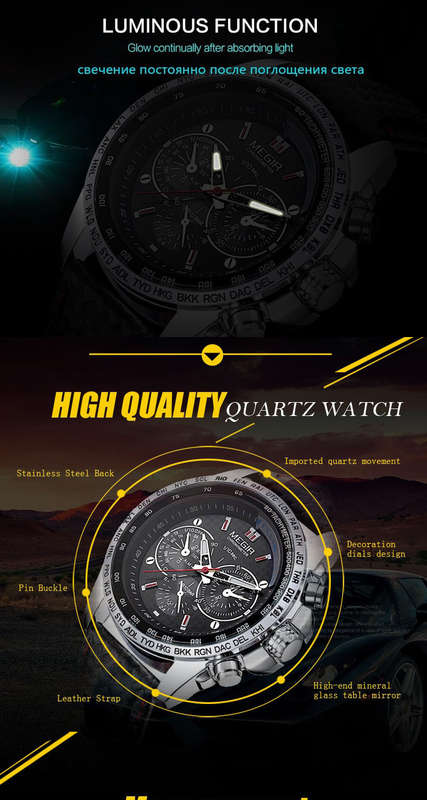 MEGIR 1010 Brand Men Watch Alloy Case Leather Strap Lumious Male Sport Casual Quartz Wrist Watch
