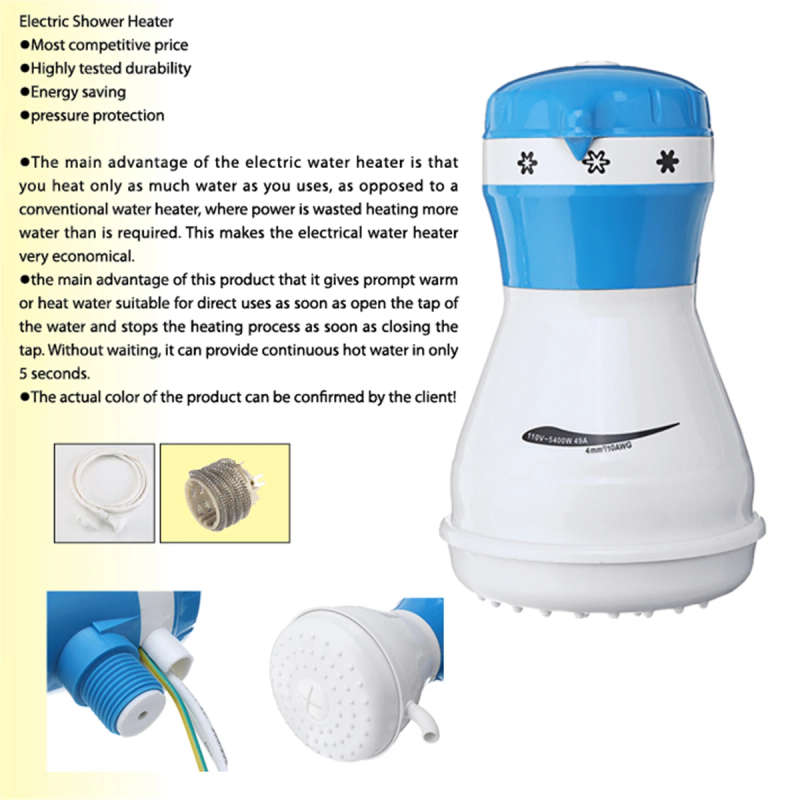 110V/220V Electric Shower Head Instant Water Heater With Hose Bracket 5400W