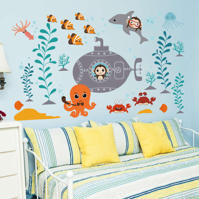 New Cartoon Children's Room Baby Bedroom Decoration Underwater World Wall Sticker Cute Bathroo