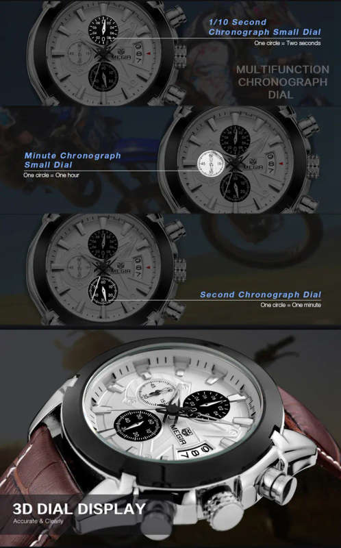 MEGIR M2015 Men Watch Leather Strap Multifunction Chronograph Fashion Casual Quartz Wrist Watch