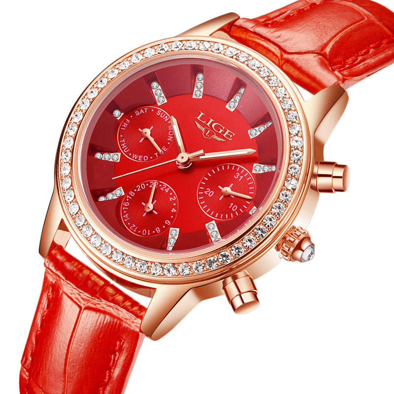 New LIGE 9812 Elegant Design Date Display Ladies Wrist Watch Diamonds Leather Ba