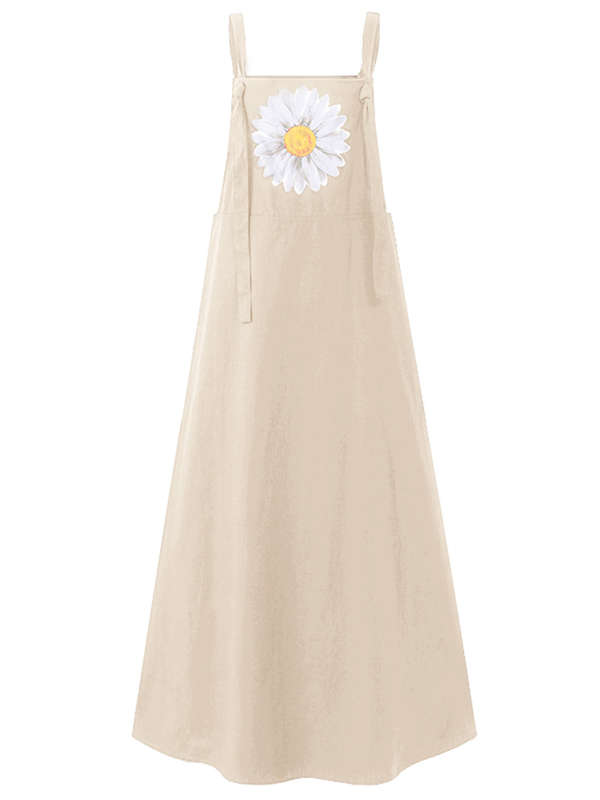 Small Daisies Print Adjustable Strap Casual Loose A-line Maxi Dress with Pocket (Size S Color Khaki)