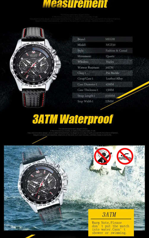 MEGIR 1010 Brand Men Watch Alloy Case Leather Strap Lumious Male Sport Casual Quartz Wrist Watch