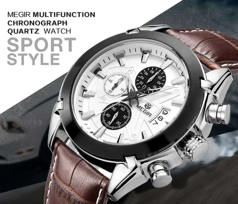 MEGIR M2015 Men Watch Leather Strap Multifunction Chronograph Fashion Casual Quartz Wrist Watch