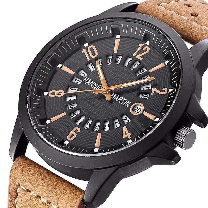 Fashion Causal Creative Date Display Waterproof Leather Strap Men Quartz Watch