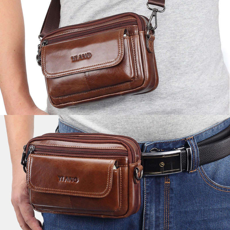 Men Genuine Leather Multifunctional Crossbody Bag Waist Bag Belt Bag
