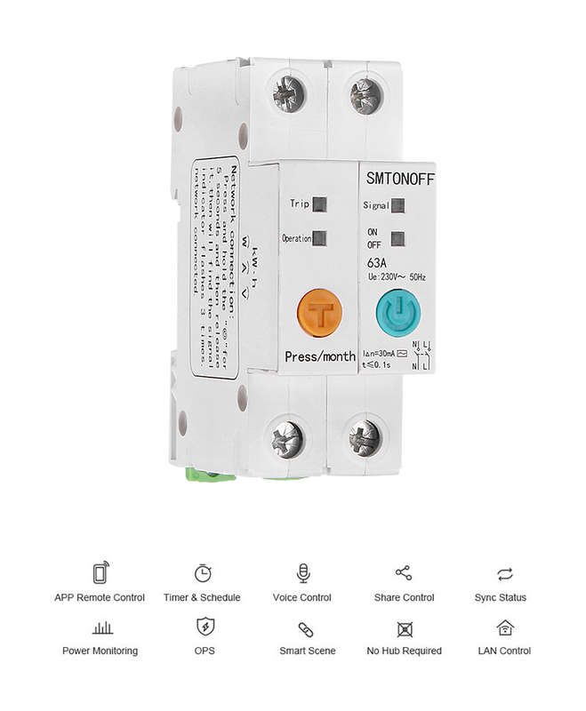 2P 63A eWelink Single Phase Din Rail WIFI Smart Switch Energy Meter Leakage Protection Remote Read KWh Meter Wattmeter Works with Alexa Google