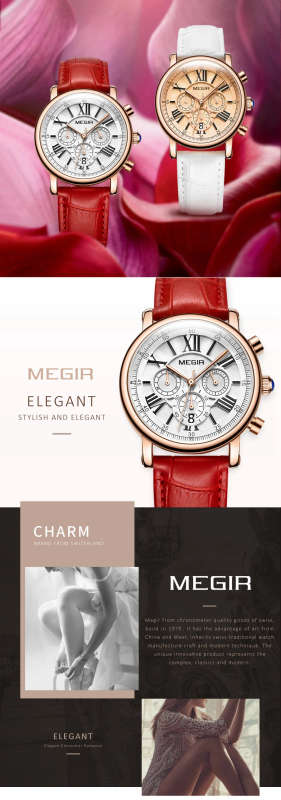 MEGIR 2058 Women Watch Luxury Roman Number Leather Strap Ladies Quartz Watch